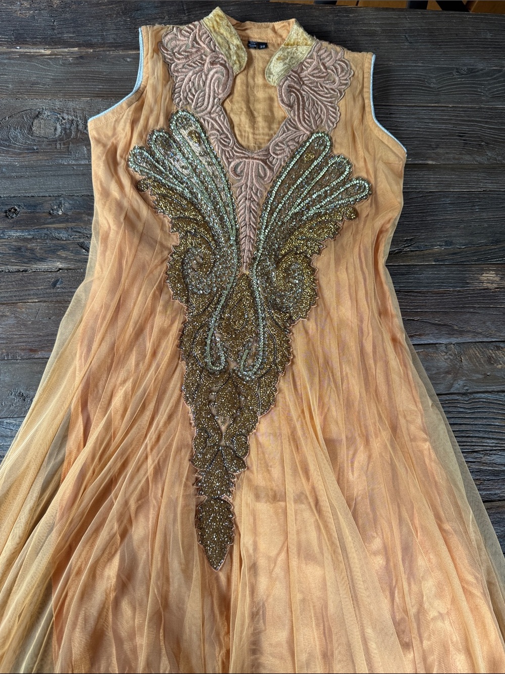 anarkali gown peach mesh halter neck design beading and Dupatta (shawl) small - Picture 10 of 14